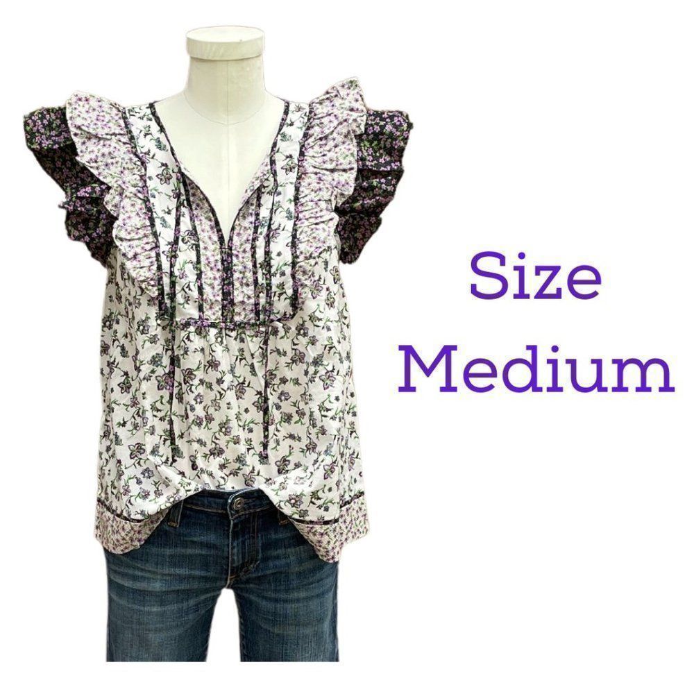 NWT! Carolina Belle Cottage Black White Purple Floral Ruffle Flutter Sleeve MED